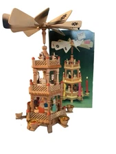 VTG Christmas 3 Tier Wooden Nativity Carousel Windmill 14” Missing Candles READ