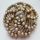 Vintage Gold Tone Swirl Brooch w/ Faux Pearls 2” Mid-Century Costume Jewelry Pin