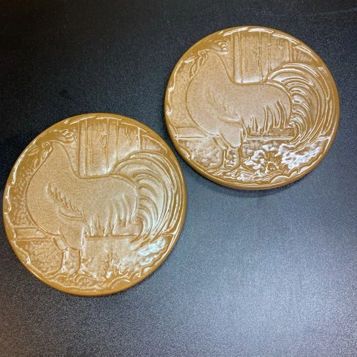 Lot of 2 VTG Frankoma Pottery 94TR "Rooster" Trivets Brown - Farmhouse 6 3/8"