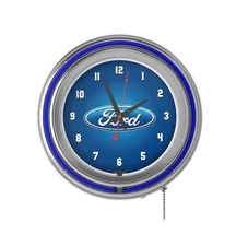 FORD MOTOR COMPANY LICENSED LOGO NEON DOUBLE-RUNG 15 INCH WALL CLOCK BLUE CHROME