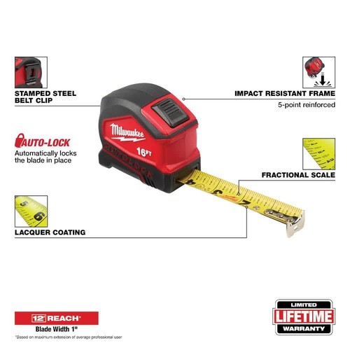 Compact Auto Lock 16 ft. SAE Tape Measure with Fractional Scale and 9 ft. - Picture 2 of 11