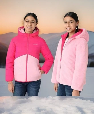 M-10/12-Eddie Bauer-Girls-Youth-Reversible-Plush-Hoodie-Puff-Faux-Fur-Jacket-NWT - Image 1 of 4