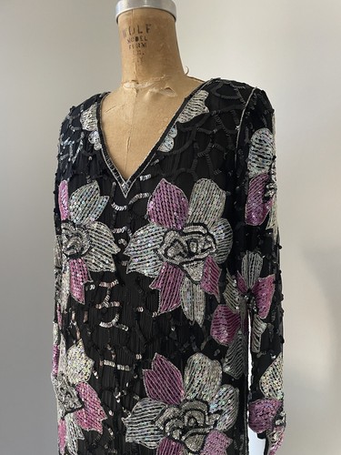 Vintage ‘80s ‘90s India Pure Silk Cocktail Dress Sequin Floral Party Dress XS/S - Picture 13 of 13