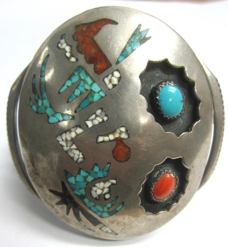 AL JOE NAVAJO STERLING SILVER SHADOW BOX INLAY CUFF BRACELET TURQUOISE CORAL LRG - Picture 2 of 18