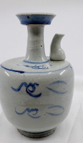 Antike koreanische Yi Dynastie blau-weiße Seladon Flasche mit Ausguss selten Rarität Unikat - Bild 7 von 12