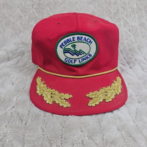 Vintage Pebble Beach Golf Links Hat Scrambled Eggs Rope USA Red Retro Gold 80s