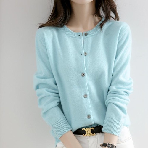 Women's Cashmere Blend Cardigan Sweater Solid Color Simple Crew Neck Jacket Coat - Picture 17 of 28