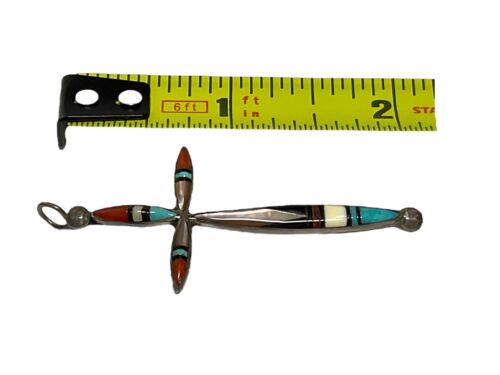 Marked Zuni 925 Sterling Inlay Cross Pendant Adeline Turquoise Coral—Read - Picture 14 of 15
