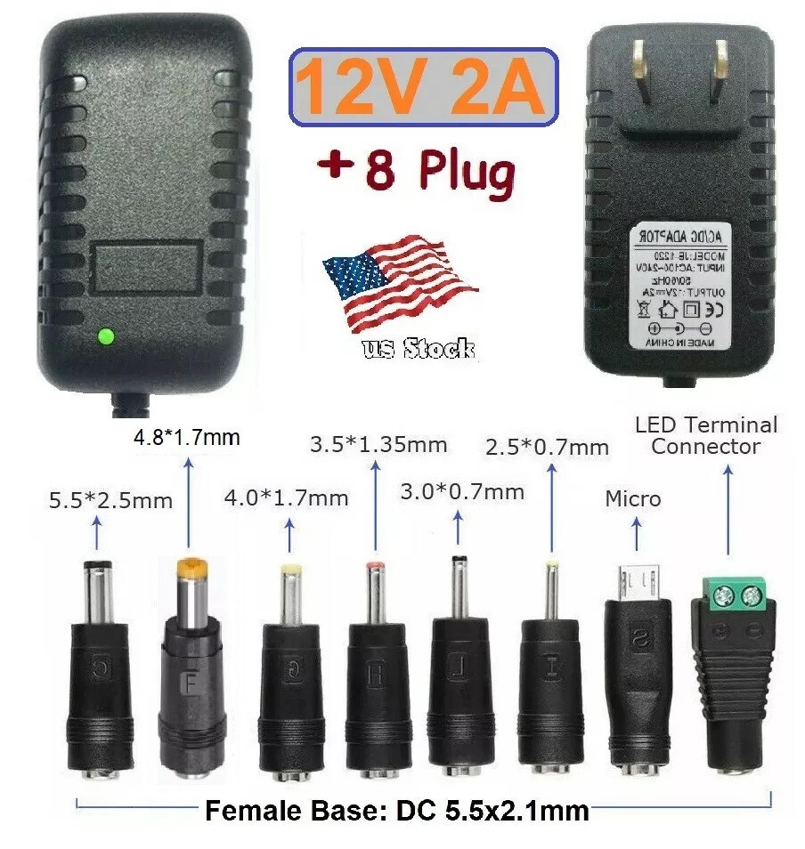12V 2A AC/DC Adapter Power Supply Charger with 8 Sizes DC Power 