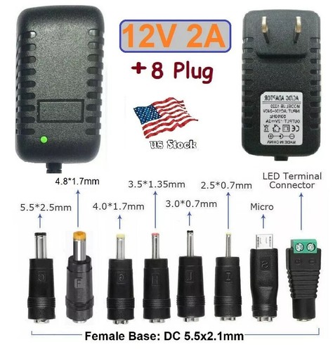 12V 2A AC/DC Adapter Power Supply Charger with 8 Sizes DC Power Plug Tips - Picture 1 of 9