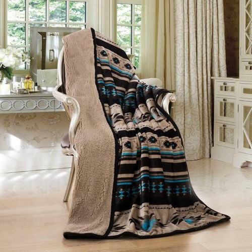 Southwestern Aztec Sherpa Borrego Fleece Throw Blanket - Afbeelding 1 van 5