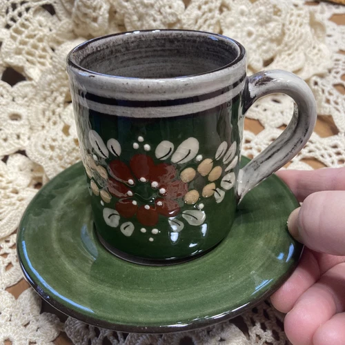 Vintage Hugo Kohler Biel Pottery Coffee Tea Mug Cup & Saucer 3 1/4”H x 2 1/2”W