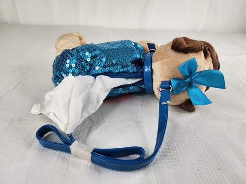 Poochie & Co. - Beige/Blue Sequin Plush Pug Dog Stuffed Animal Purse Toy Bag - Picture 4 of 7