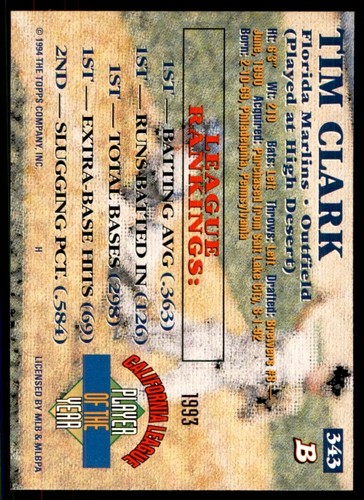 1994 BOWMAN. TIM CLARK FLORIDA MARLINS #343 - Picture 2 of 2