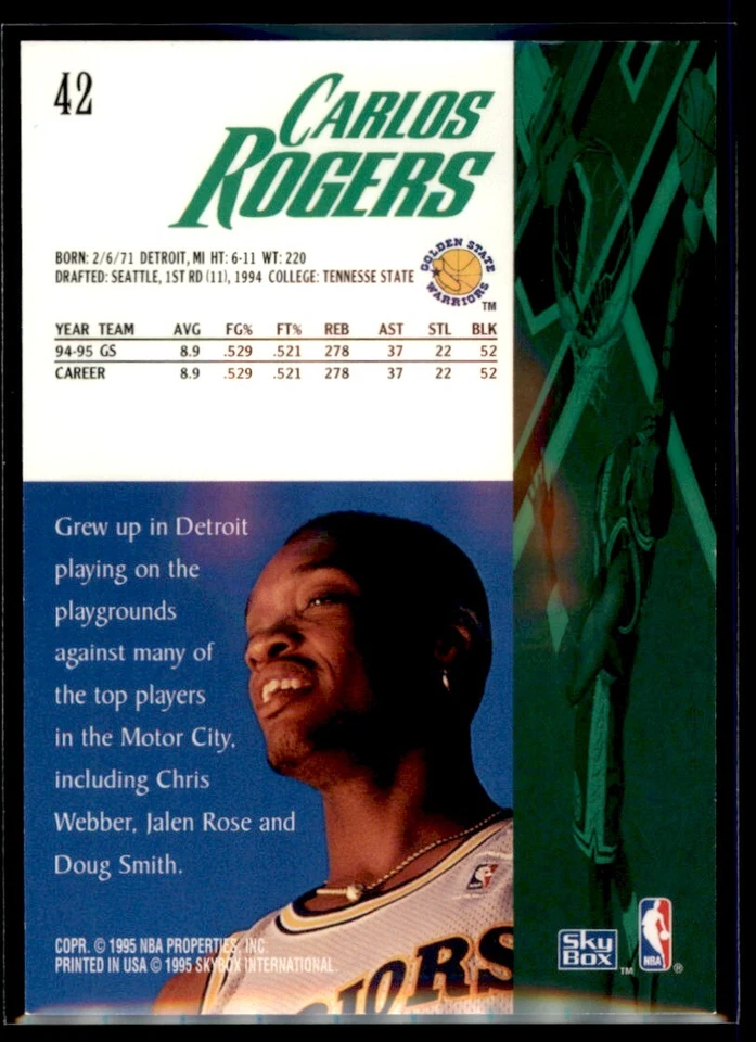 1995-96 SkyBox Premium Carlos Rogers Golden State Warriors #42 - Image 2 of 2