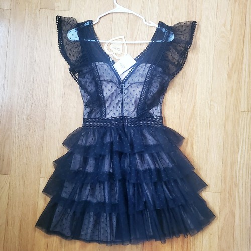 Black Beige Ruffle Lace Dress Fit Flare Cocktail Homecoming Prom Wedding Party S - Picture 12 of 17