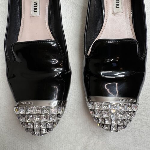 Miu Miu Shoes Black Patent Leather Crystal Embellished Loafers Glam Size 35.5 - Picture 2 of 15