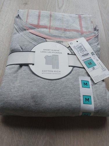 M&S Ladies Pyjama Set Size 12-14 Grey/ Pink Long Leg Short Sleeve New - Picture 2 of 4