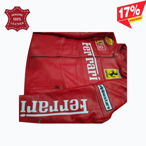 Chaqueta de cuero Ferrari roja de carreras chaqueta de campeón del mundo cuero de vaca suave real - Imagen 7 de 7
