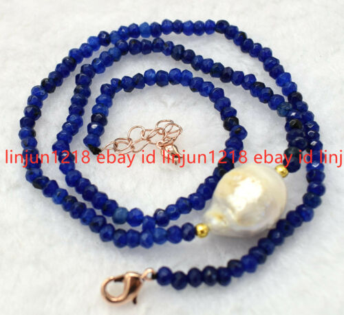 2x4mm Faceted Blue Jade Rondelle Gems Baroque Pearl Pendant Neckalce 16-28" - Picture 16 of 17