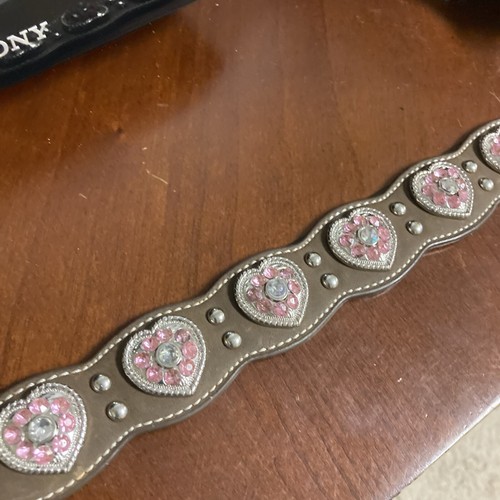 Nocona N4427044-22 Girls 20-24 Brown Pink Silver Leather Rhinestone Studded Belt - Picture 2 of 10