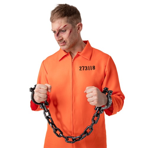 Disfraz de convicto naranja adulto + esposas preso vestido elegante para hombre cárcel - Imagen 11 de 12