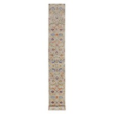 2'7" x 22'1" Beige Hand Knotted Silk and Wool Sickle Leaf XL Runner Rug R90971