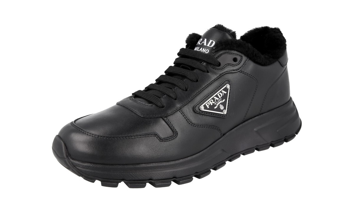 靴 prada leather shoes Prada 4T2596 Red Stripe Leather High Top Sneakers in Black