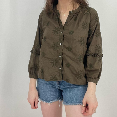 Madewell Top Women M Floral Button front Embroidered Sleeve Green Boho Spring