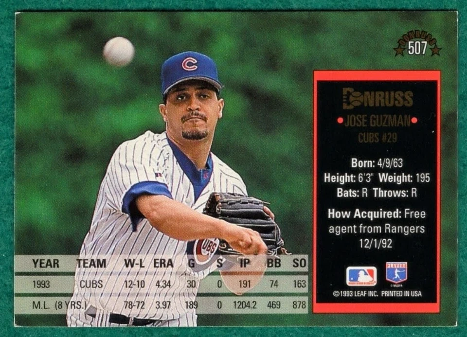 Jose Guzman - 1994 Donruss #507 - Chicago Cubs Baseball Card - Image 3 of 3