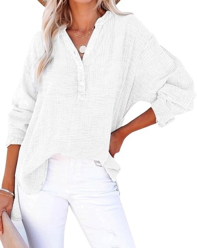 Women's Casual Cotton Pullover Tops Long Sleeve V Neck Blouse Front Button Light - Picture 7 of 46