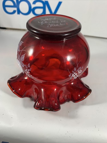 Fenton RUBY RED Double Crimped Pattern Glass Hand Painted Signed ROSE BOWL Rare - Picture 7 of 8
