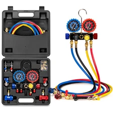 HVAC 4 Way Manifold Gauge Set with R134a R1234yf Quick Couplers and Can Taps