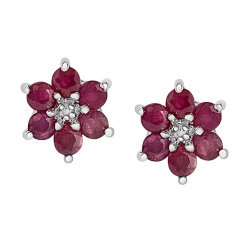 1.50 CT Round Cut Lab Created Ruby Flower Stud Earrings 14K White Gold Plated - Picture 2 of 4
