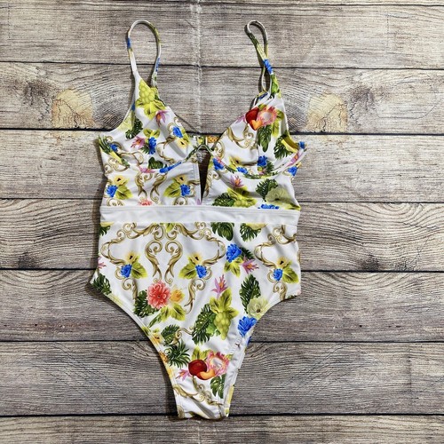Juicy Couture Damen Medium weiß Blumen Obst Print Einteiler Badeanzug