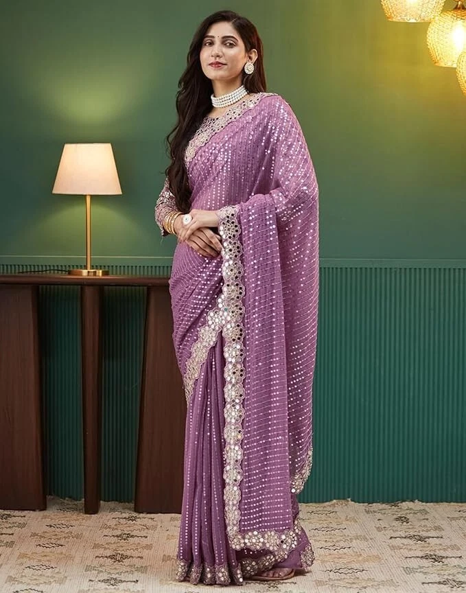 Sari Georgette para mujer con espejo de lentejuelas trabajo y blusa Foto 2 de 4