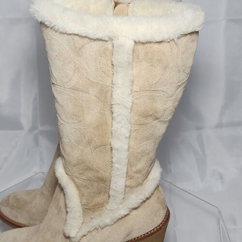 Coach Jordana 6.5 Camel Signature C Logo Embossed Sheepskin Suede Wedge Boots - Picture 2 of 23