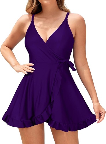 Swim Dress Womens Swimming Costume | Skirt Criss Cross Back Ruched - Picture 92 of 104