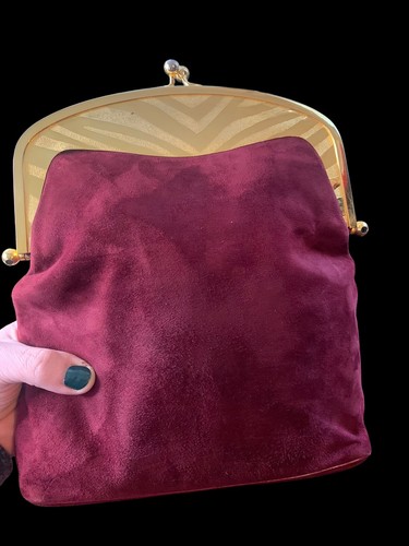 Vintage Harry Rosenfeld Burgundy Red Suede Gold Metal Clutch Purse 1940s/50s - Picture 21 of 24