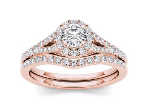 10k Rose Gold 3/4 Ct Diamond Halo Engagement Ring Size 8 Bridal Band Set