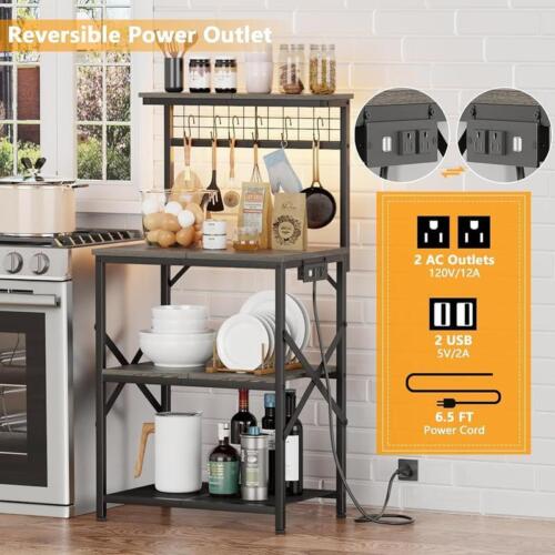 4Tier Bakers Rack W/ Power Outlet LED Light Kitchen Storage Microwave Stand New - Picture 4 of 9