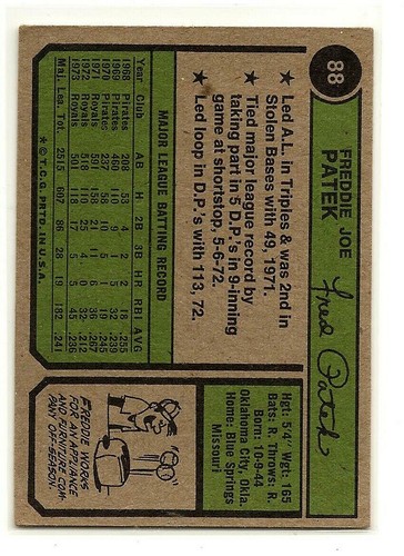 Carta Baseball Freddie Patek 1974 Topps #88 EX Kansas City Royals - Foto 2 di 2