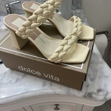 Dolce Vita Paily Bone Stripe Fabric Braided Straps Slip On Dress Heeled Sandals