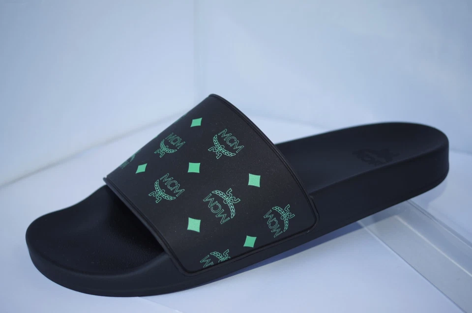 New MCM Men's Pool Slider Beach Sandals Size 42 Logo Black Rubber - Image 2 of 4