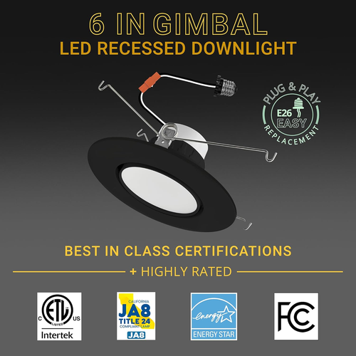 6 Inch 6 Pack Black Trim Retrofit Gimbal LED Recessed Downlight, High Lumen, 120 - Picture 3 of 9