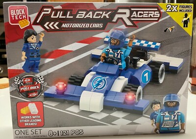 Block Tech Pull Back Racers Motorized Cars 2 Figures 1 Race Car 121 Pcs Blue