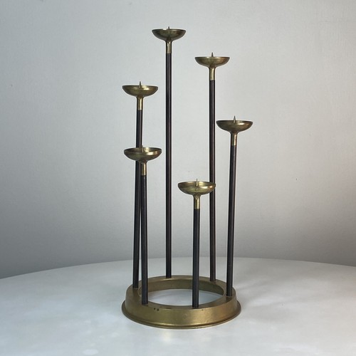Vintage Mid Century Brass Copper Tiered Candlestick 6 Candle Holder Candelabra - Picture 5 of 14