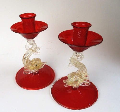 Murano art glass candle holders ruby red swirl gold fleck dolphin 2 candlesticks - Picture 2 of 6