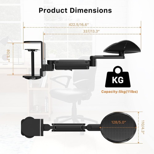 Clamp-On Adjustable Desk Armrest Ergonomic 360° 6 Height Level Elbow Pad Cushion - Picture 9 of 16