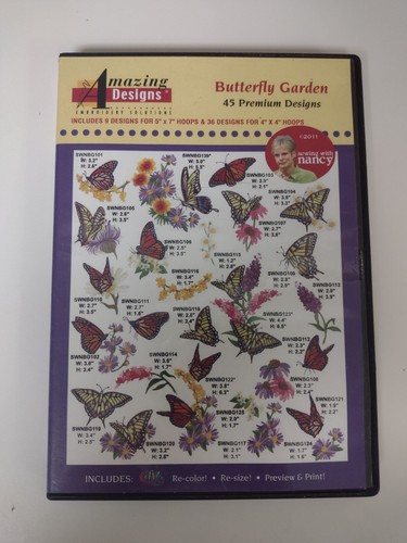 BUTTERFLY GARDEN Amazing Designs 45 Embroidery  CD-ROM Sewing With Nancy TESTED - Picture 1 of 4